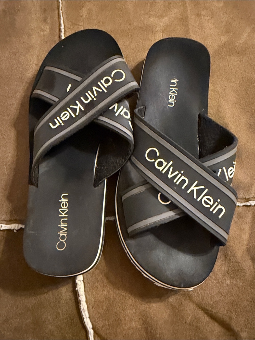 Calvin Klein Black Cross-Strap Slide Sandals